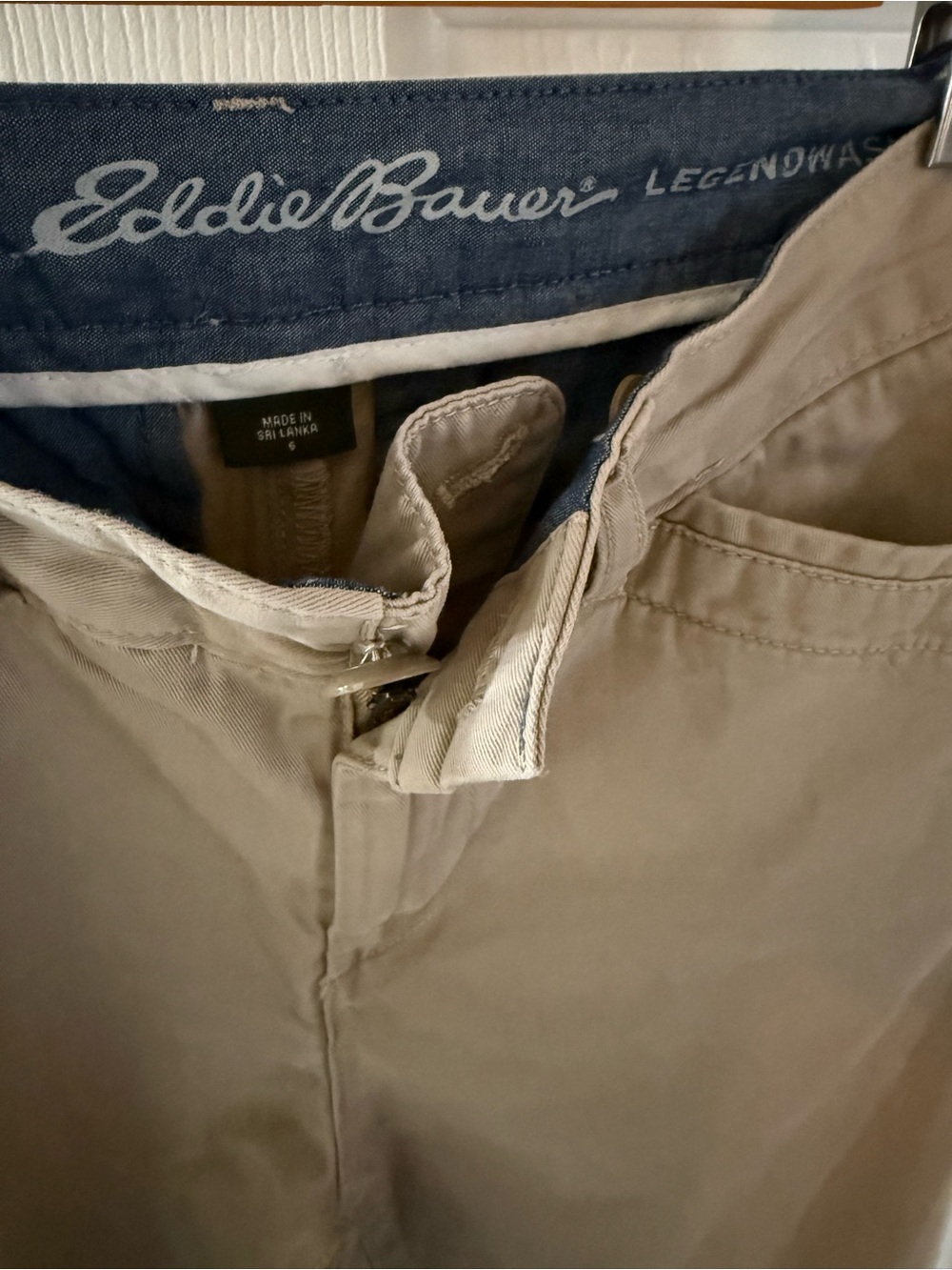 Eddie Bauer Legendwash Cotton Tan Khaki Pants with Blue Waistband Detail - Picture 6 of 8